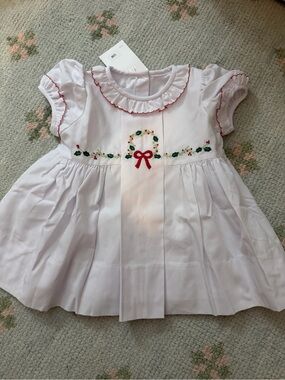 White Embroidered Holiday Bow Baby Dress